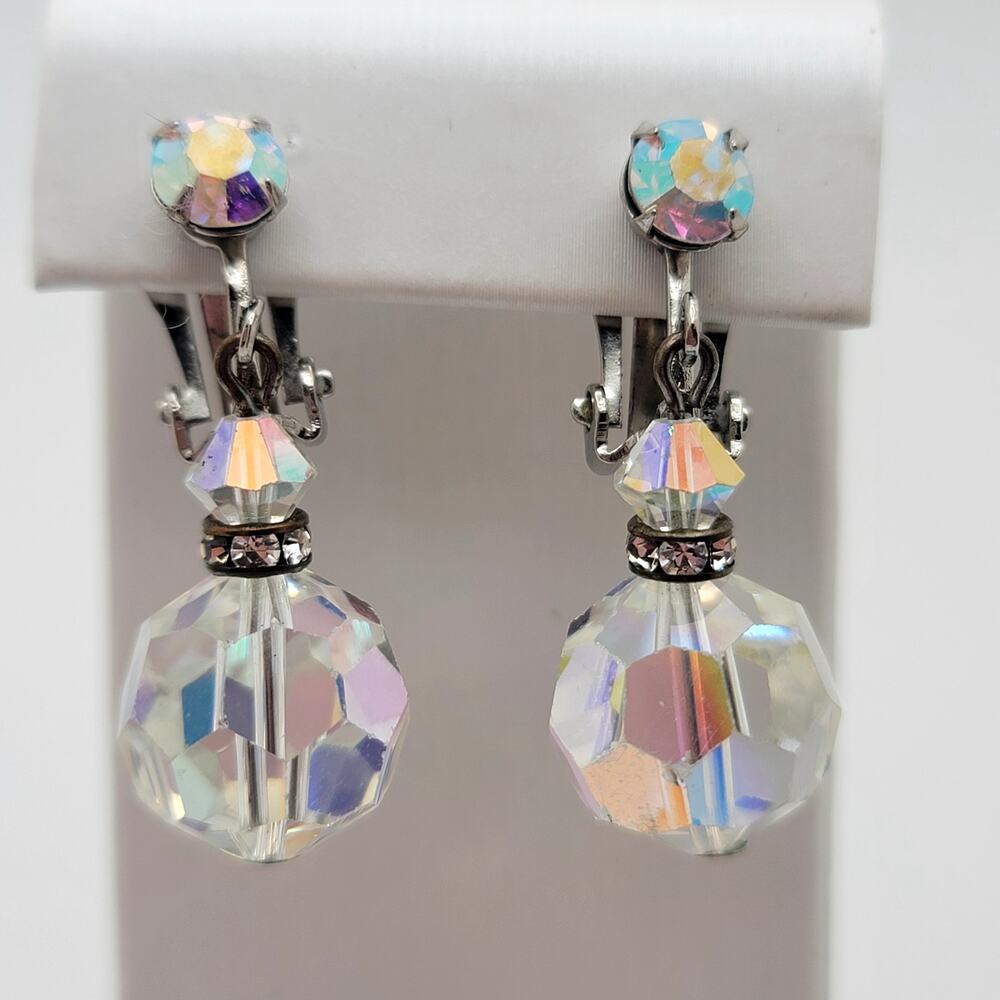 Vintage Aurora Borealis Glass Crystal Dangle Clip-on Earrings
